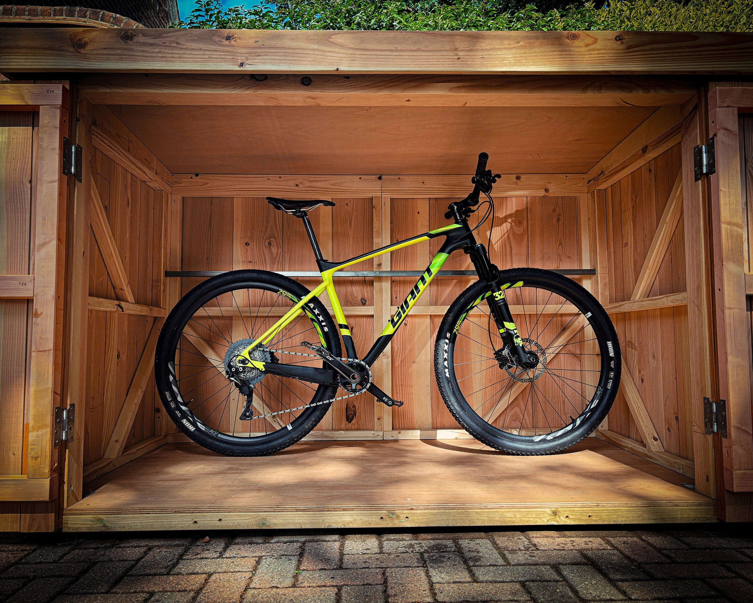 MTB in Low Wooden Bike Shed with 38 x 45mm framing